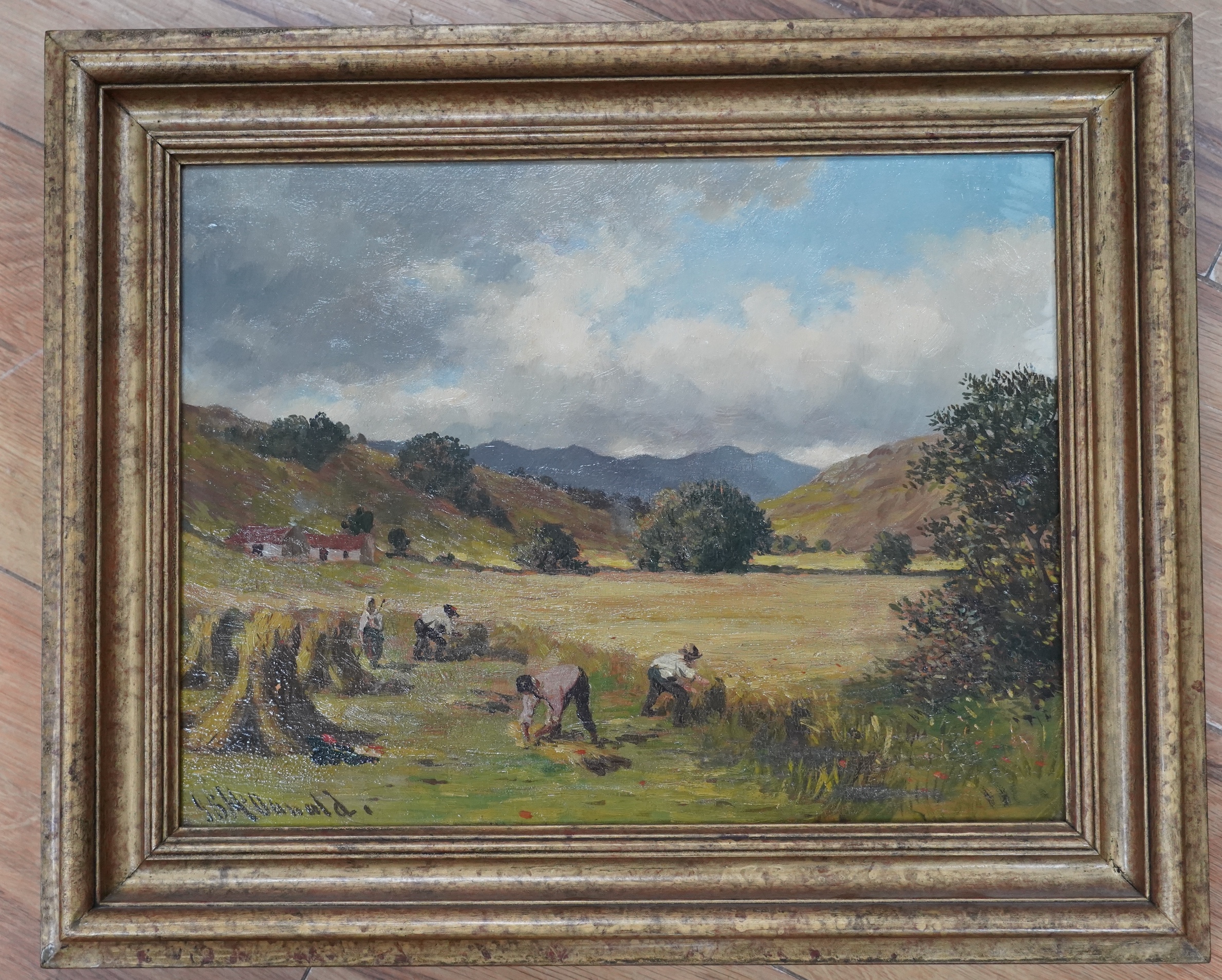 John Blake McDonald (1829-1901), oil on board, Figures haymaking, signed, 25 x 34cm